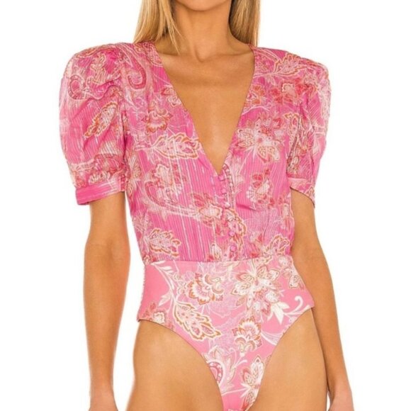 HEMANT AND NANDITA x Revolve bodysuit XS pink/metallic gold puff sleeve - Picture 1 of 7